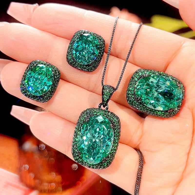 Gemfiori Luxury Vintage Gothic Royal Blue Sapphire Jewelry Set Black Gold Plated Cushion Cut Blue Gem Halo Pendant Necklace Earrings Ring