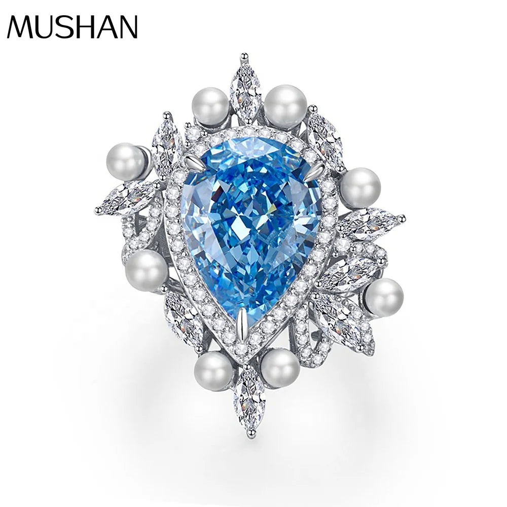 MuShan Jewelry Factory 925 Sterling Silver Rings High Carbon Diamond 11*15mm Ocean Heart Blue Water Drop Gemstones Ring Jewelry