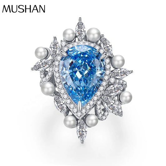 MuShan Jewelry Factory 925 Sterling Silver Rings High Carbon Diamond 11*15mm Ocean Heart Blue Water Drop Gemstones Ring Jewelry