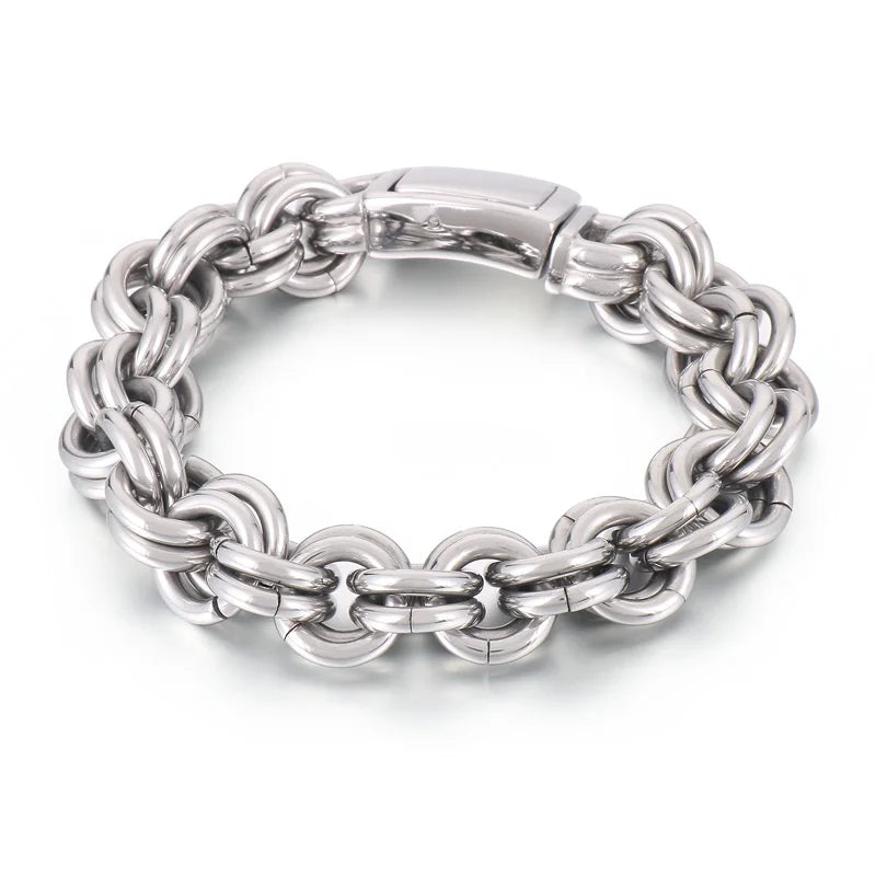 KALEN 230mm Men Casual Stainless Steel Double-Ring Links Bracelet