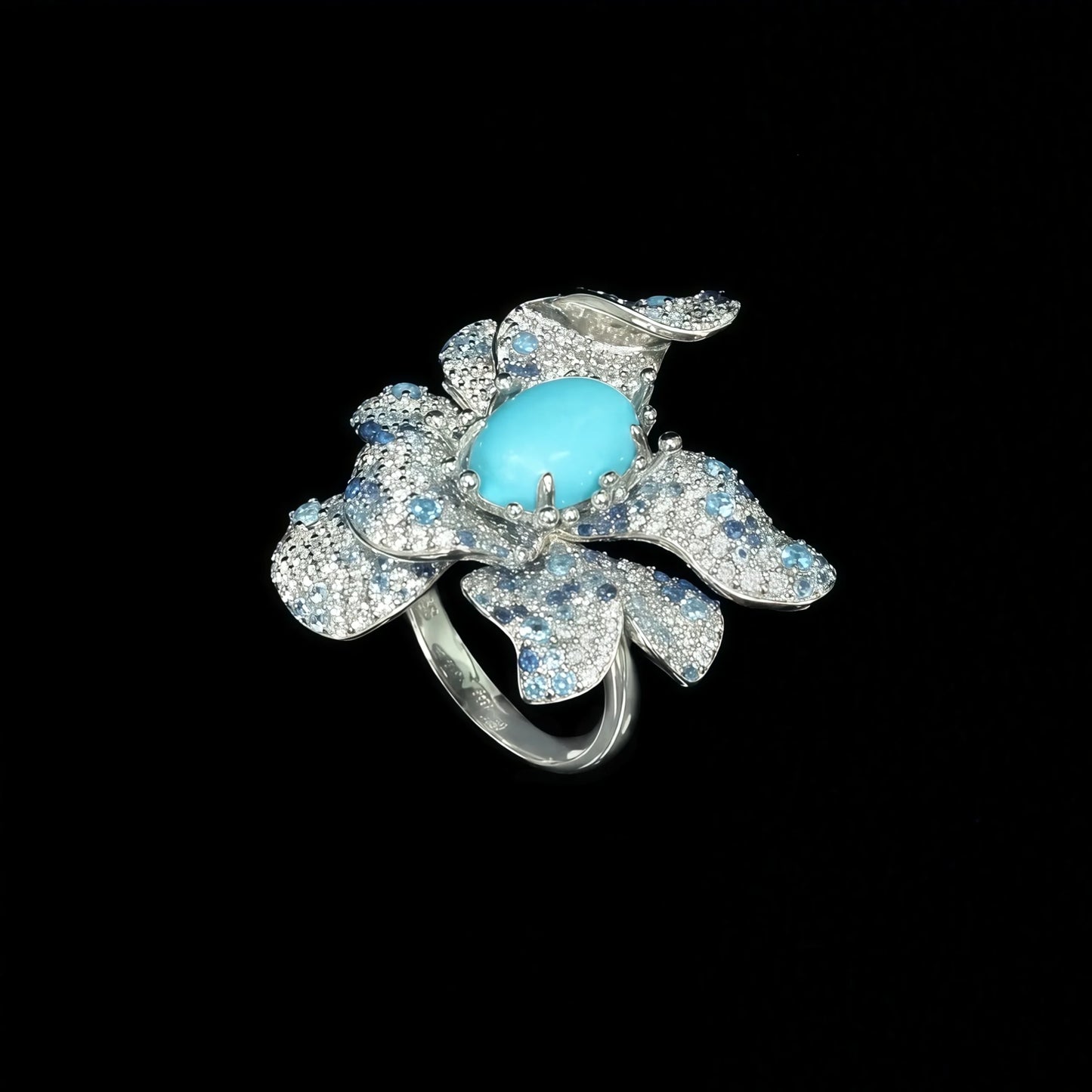 MUSHAN 925 Sterling Silver Rhodium Plated Luxury Designer Flower Ring with Blue High Carbon Diamond Full Inlay