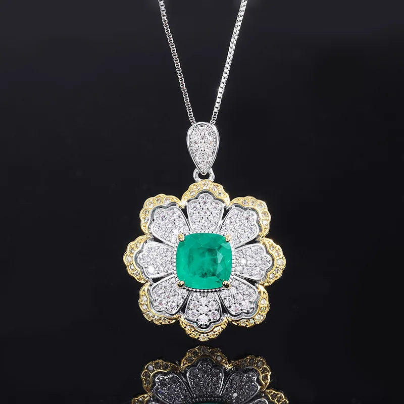 Gemfiori Blooming Flowers Inlaid with Rich Green Zircon Ring Pendant Clavicle Chain Set Star Charm Pattern Jewelry
