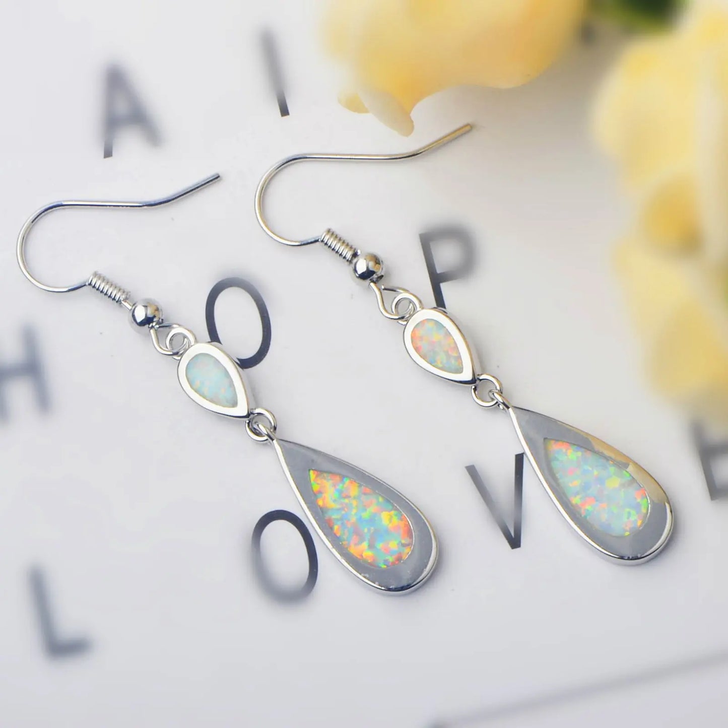 Layered Teardrop Opal Drop Earrings - Iridescent Opal Double-Drop Design | Elegant Daily Jewelry Bulk Gifts