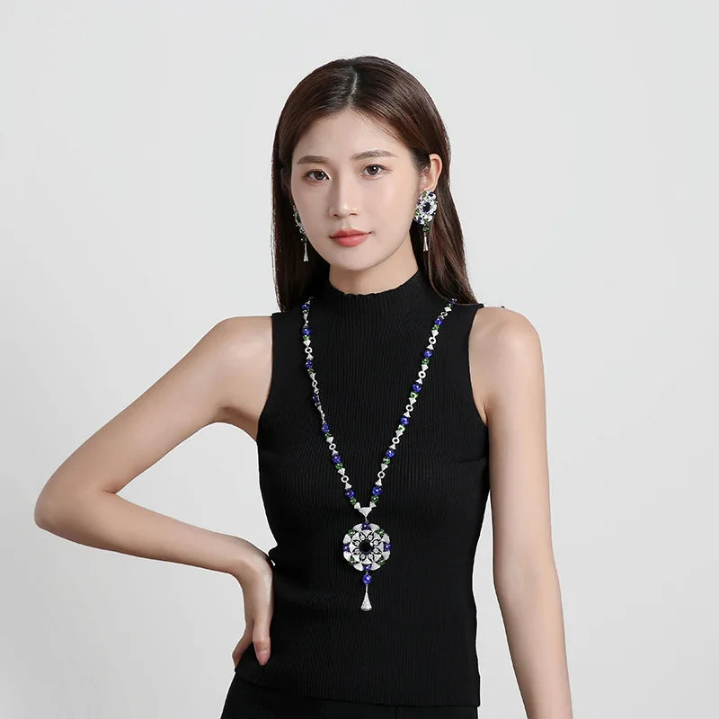 Middle Eastern Luxury Big Flower Pendant Tassel Sweater Chain Necklace & Earrings Set — Rhodium Plated