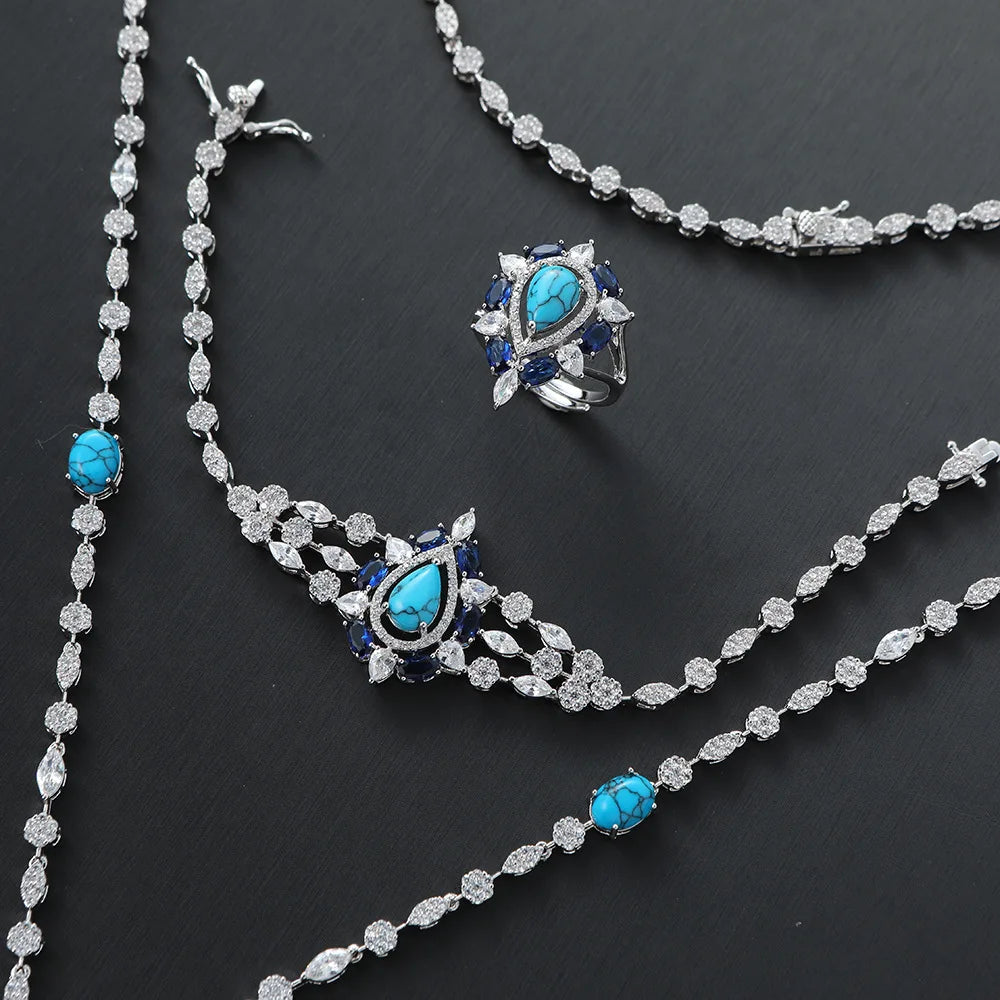 2024 Latest Fashion Long Necklace Design Dubai Saudi Arabia Jewelry Set Bridal Women Blue Turquoise Pearl Jewelry Sets