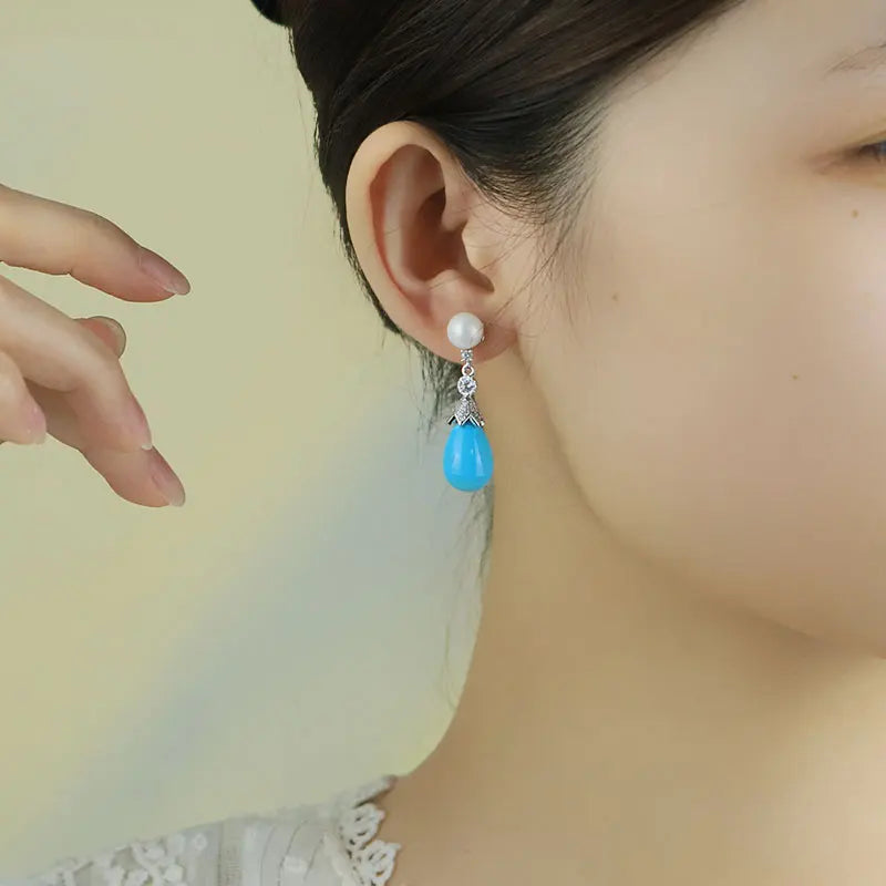 Water Droplet-Shaped Blue Turquoise Zircon Set With Natural Freshwater Pearl Drop Earrings New Design Jewellery  Wome GE1748