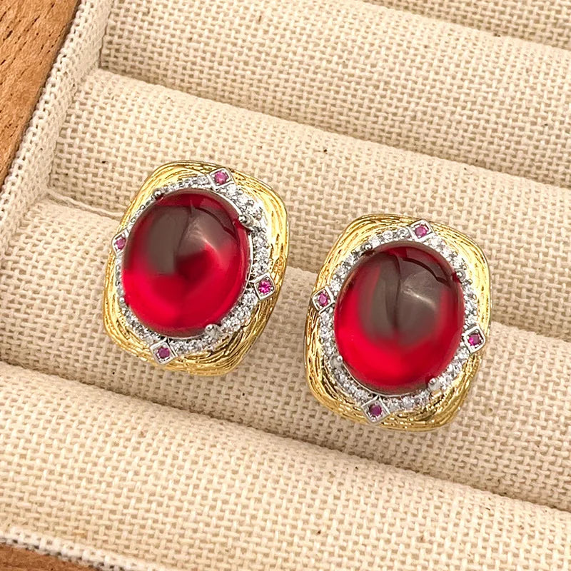 Gemfiori Retro Women's Oval Pigeon Blood Red Crystal Cubic Zircon Earrings High-end Banquet Dress Accessories