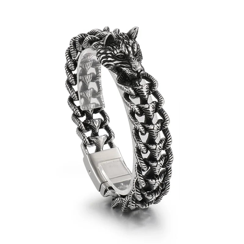 KALEN 22cm Punk Stainless Steel Bracelet Wolf Head Chain Men Bracelet