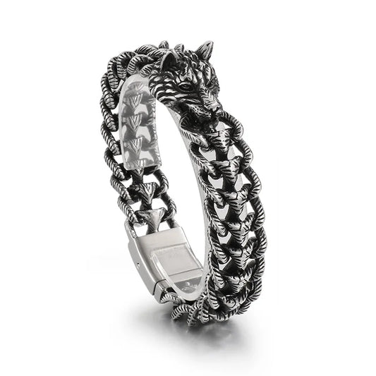KALEN 22cm Punk Stainless Steel Bracelet Wolf Head Chain Men Bracelet