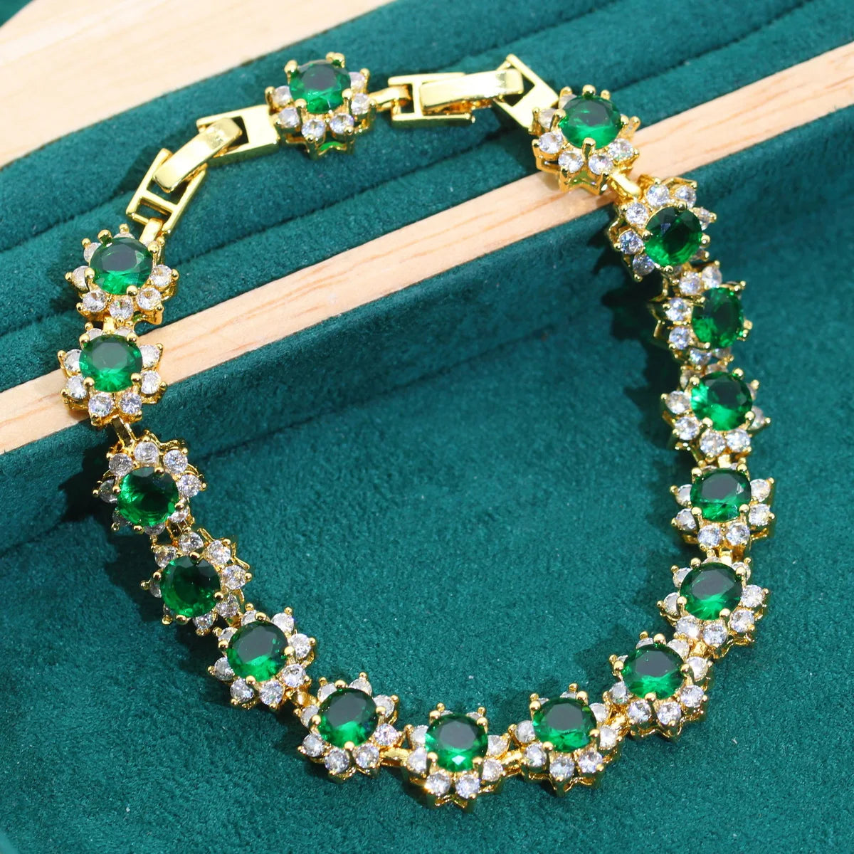 XOTICA Luxurious Green Zircon Bracelet Earrings Necklace Open Ring Set Women's Gold Color Jewelry for Party Halloween-Luxury Gifts