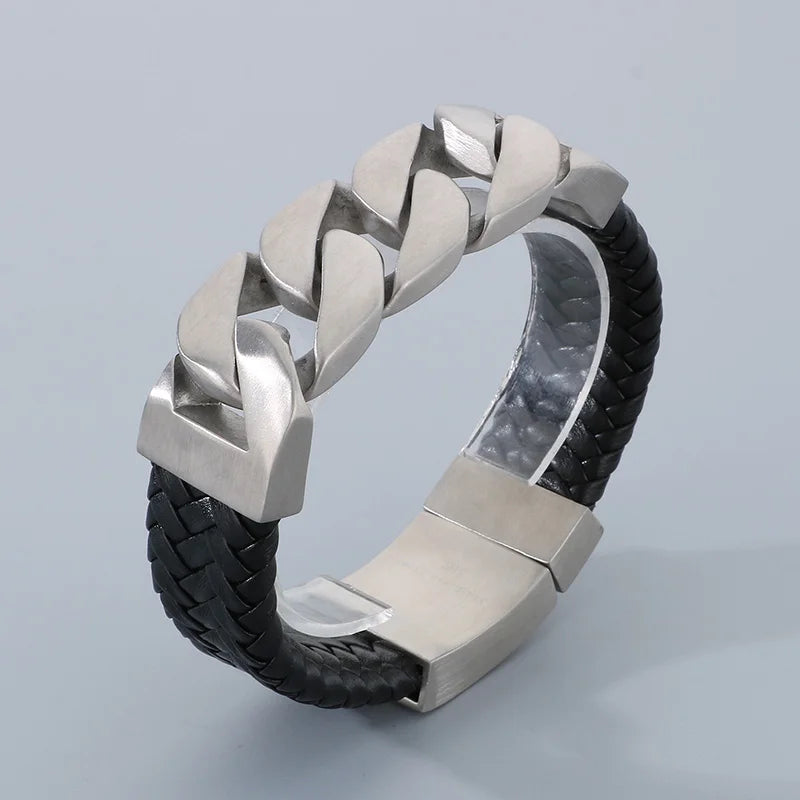 REBEL 240mm Punk Leather&Stainless Steel Cuban Links Bangle Bracelet