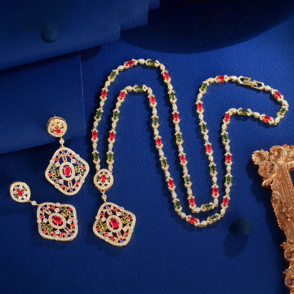 Elegant Multicolor Cubic Zircon Dubai Gold Plated Long Necklace and Earrings Party Wedding Bridal Jewelry Set for Women