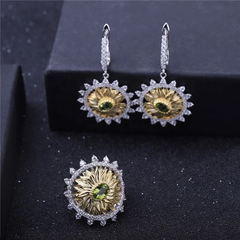 ArtistA C7614 Guangzhou Turkish 925 Solid Sterling Silver Natural Peridot Gemstone Sunflower Jewelry Set
