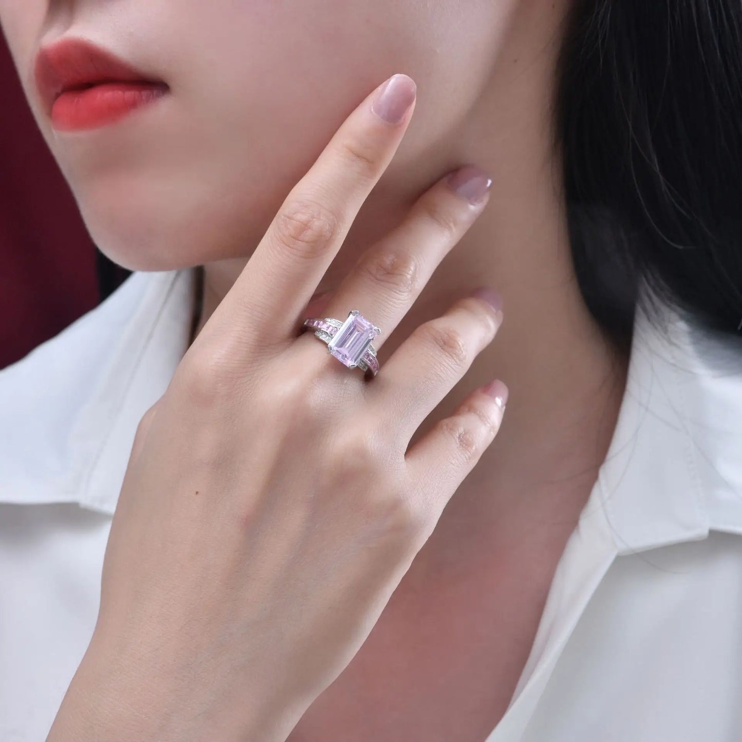 MUSHAN Jewelry Factory 5ct Rectangular Pagoda 8*12 Pink High Carbon Diamond Ring Simple Versatile and Fashionable Trendy Style