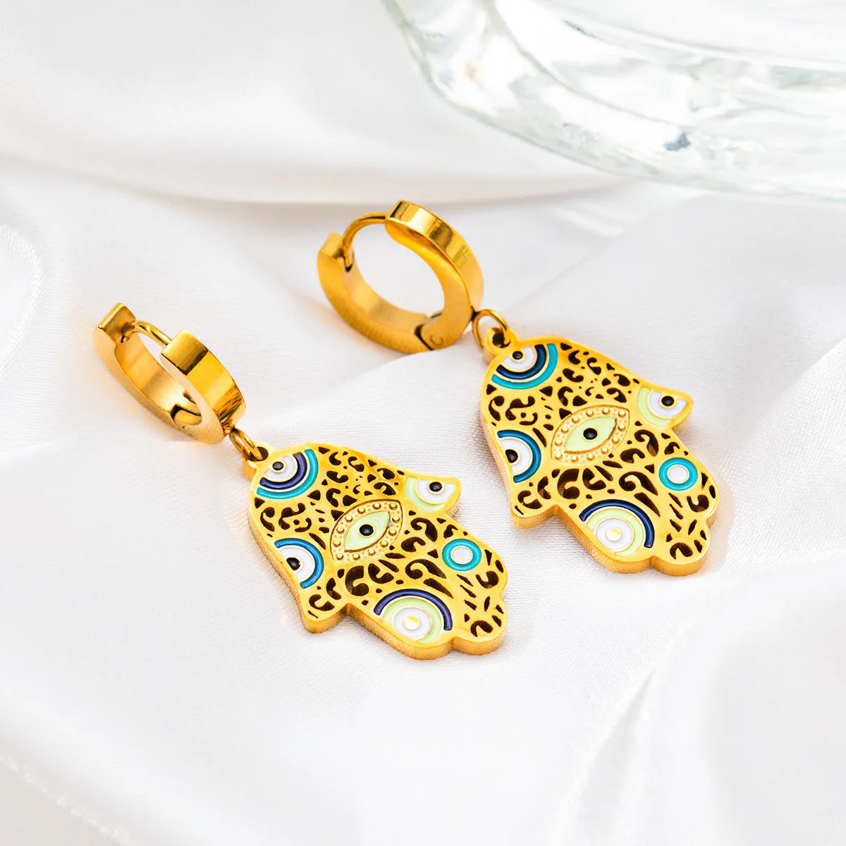 High End Trendy Stainless Steel Hand Shape Eye Necklace and Earrings Set Women's Classic Gold Jewelry Set