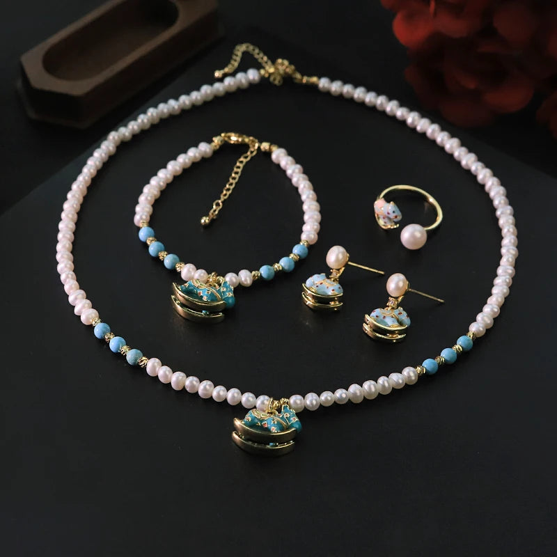 Natural Freshwater Pearl Blue Rocking Horse Jewelry Set for Women Birthday Gift Necklace Bracelet Earrings Ring Dainty Jewelry
