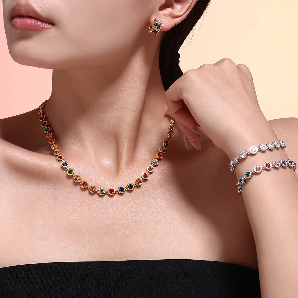 REDheart New Stainless Steel Full Drill 3A Zircon Mixed Color Bracelet PVD Vacuum Electroplating Does Not Fade Necklace Jewelry Set