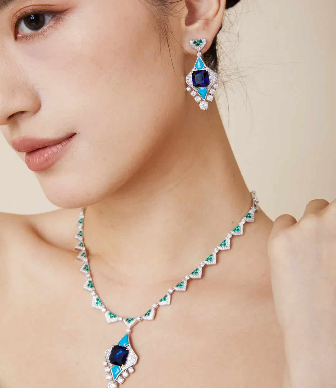 Luxury Blue Turquoise Zirconia Claw-Set Long Chain Pendant Necklace & Earrings Set — Rose Gold & Rhodium Plated