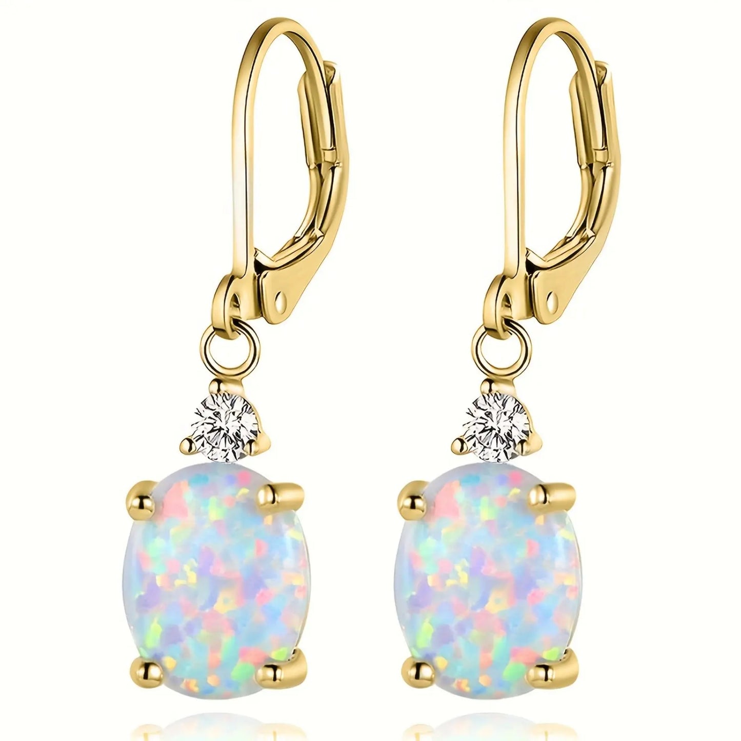 Statement Oval Opal Drop Earrings - Blue Fire Opal Solitaire & CZ Accent Design | Elegant Formal Jewelry Bulk Gifts
