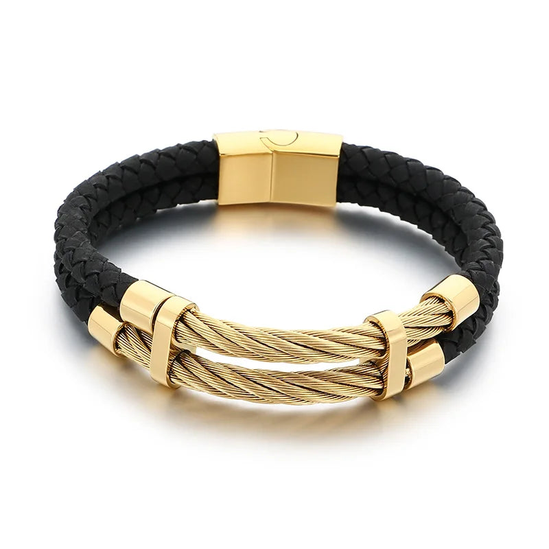 REBEL Trendy Original Unisex Leather Stainless Steel Jewelry Bangle Bracelet