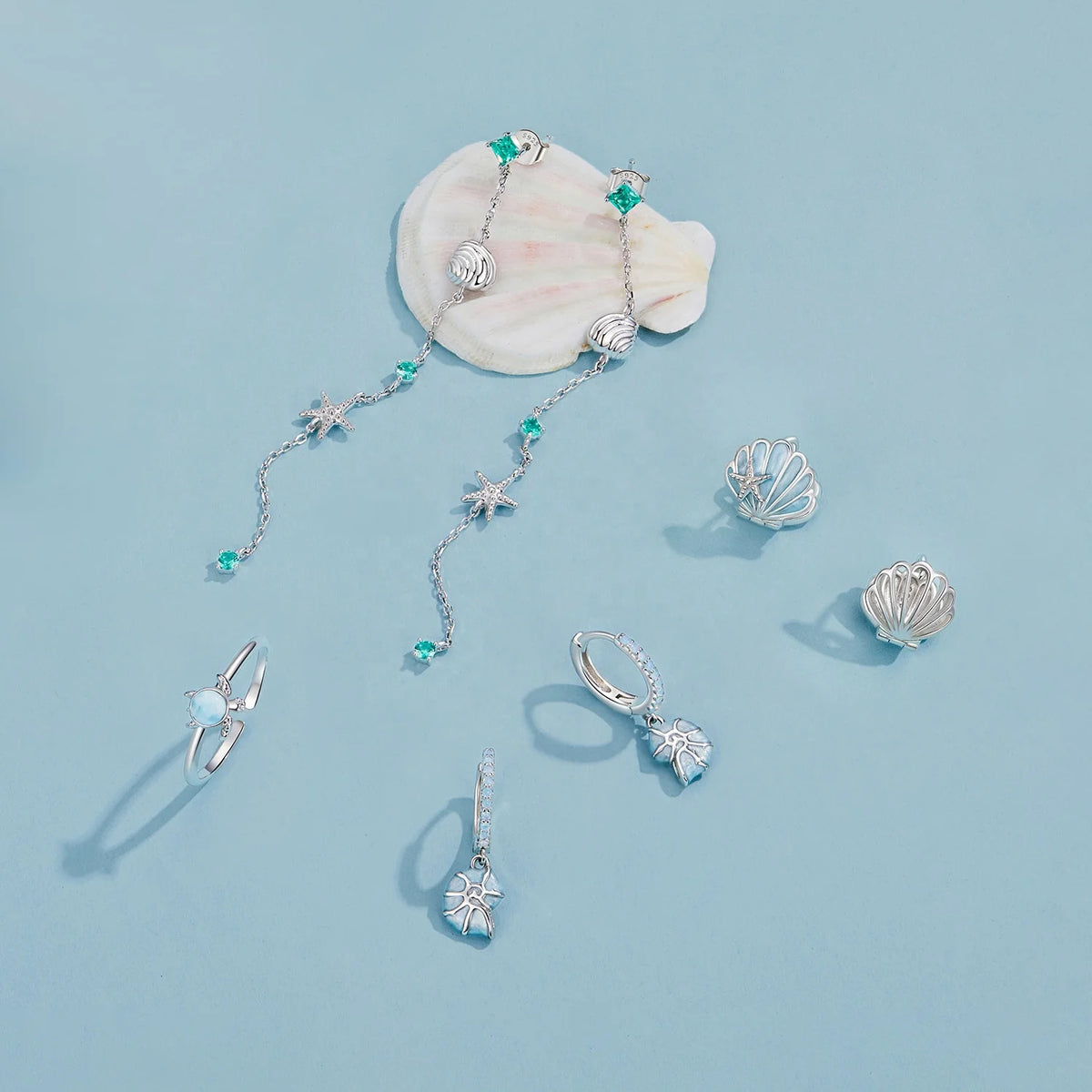 Qings Fashion Sterling Silver Jewelry Sets Fine Jewelry Marine Blue Ocean Conch Shell Turtle Bracelet Necklace Ring Earrings Set