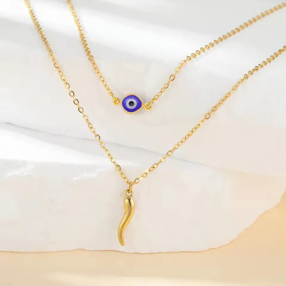 Blue Bamboo Necklace Stainless Steel Gold Plated Trendy Unisex Sporty Good Luck Jewelry Gift