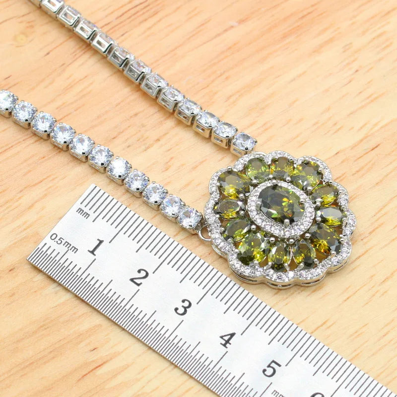 XOTICA 925 Silver Stamp Green Peridot Necklace Earring Set Luxury Wedding Party Jewelry for Women Gift Engagement Anniversary Zircon