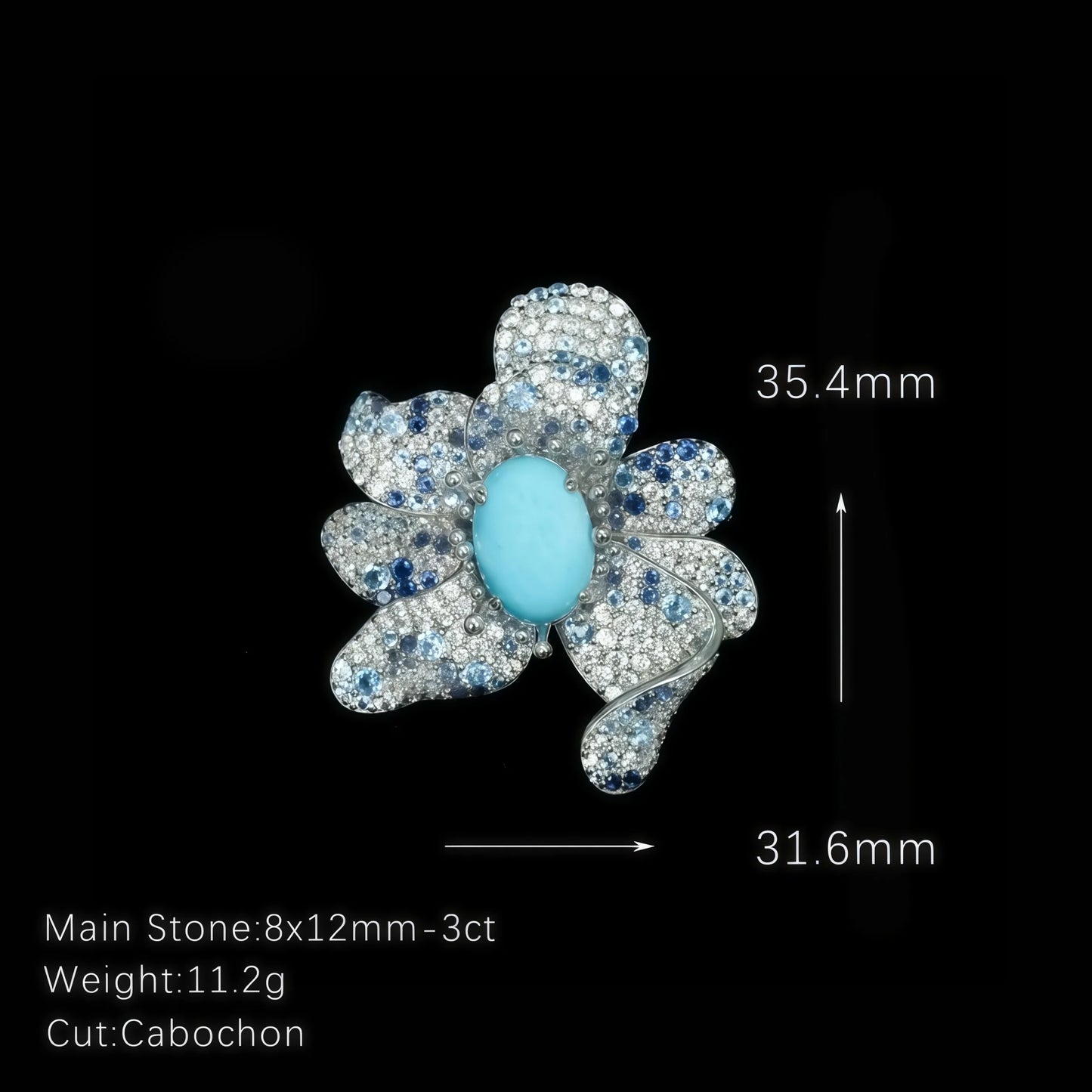 MUSHAN 925 Sterling Silver Rhodium Plated Luxury Designer Flower Ring with Blue High Carbon Diamond Full Inlay