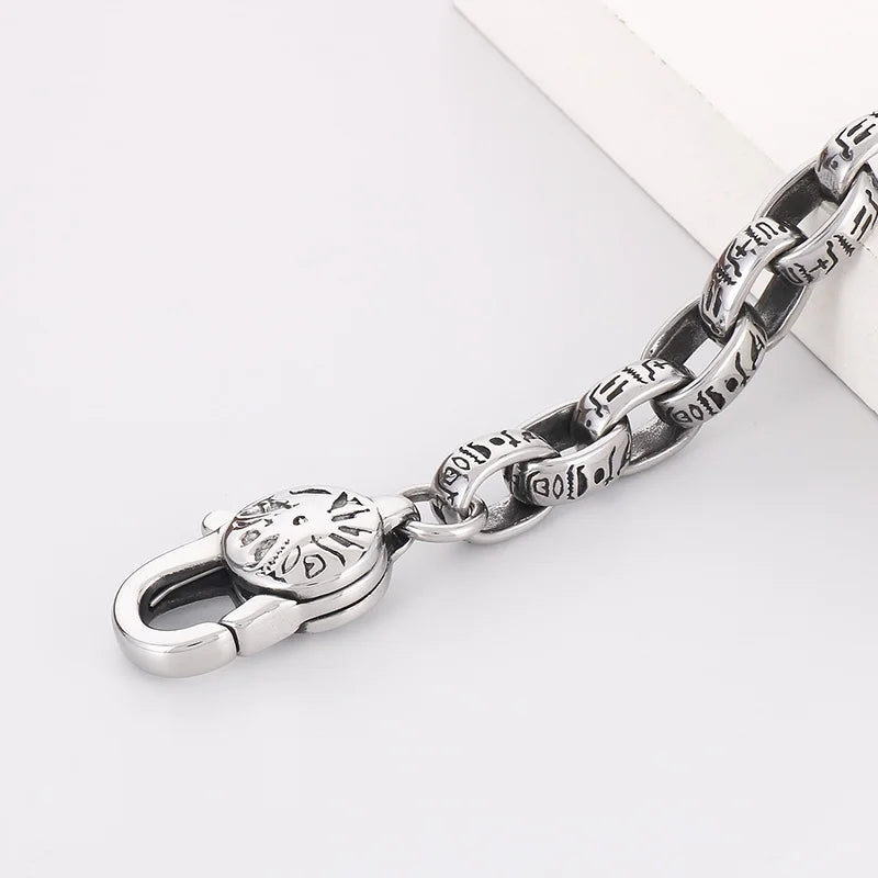 KALEN 230mm Men Punk Ancient Words Stainless Steel Oval Links Bracelet With Lobster Clasp