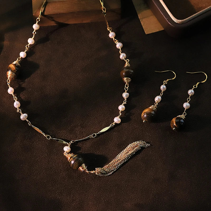 Natural Freshwater Pearl Tiger Eye Stone Earrings Necklace Set Luxurious Design Set Gift Wedding Banquet GS0216