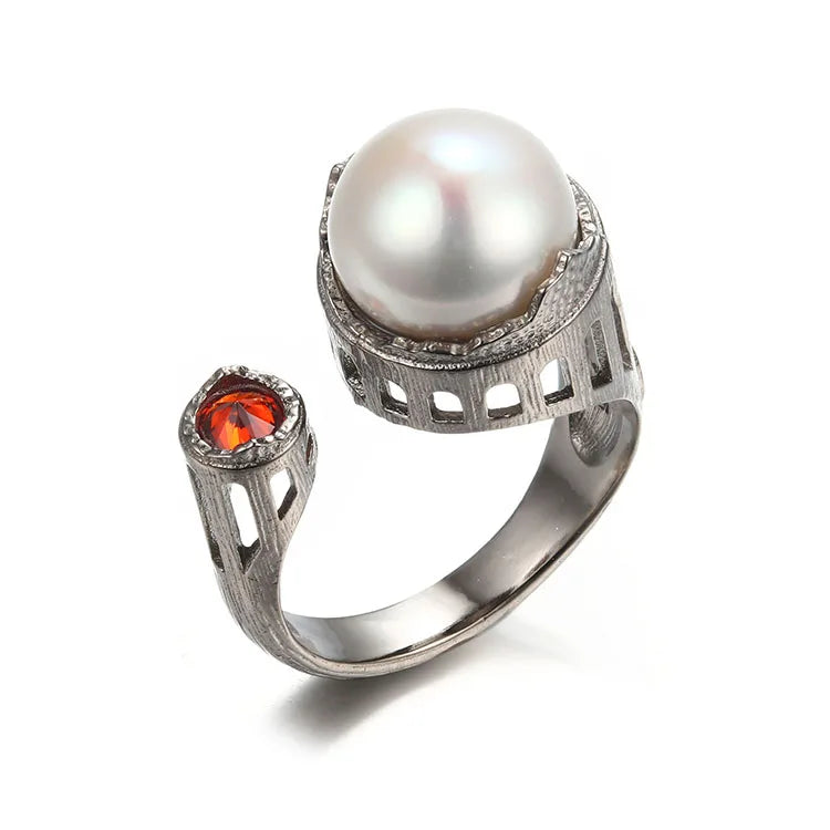 New Design Adjustable Sterling Silver Rings Resizable Button Pearl/red Zircon Wedding Ring