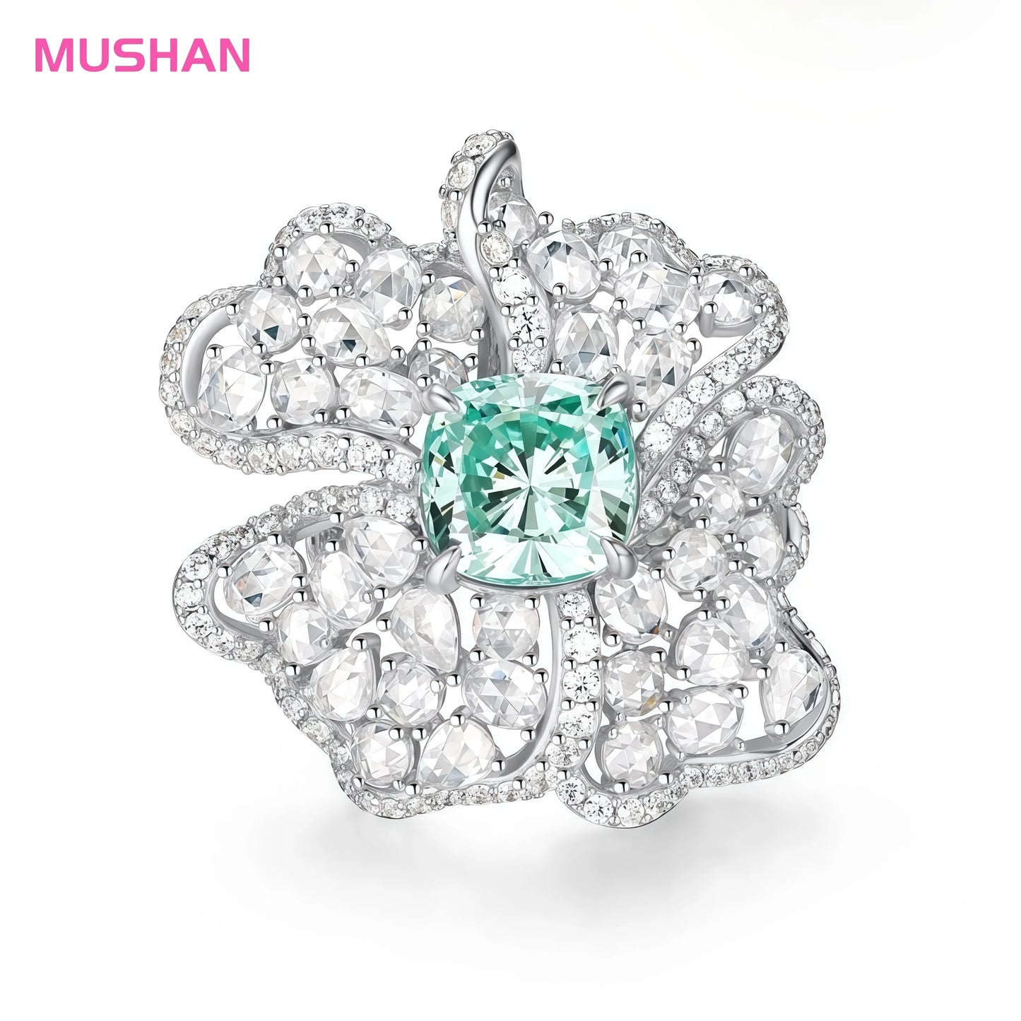 MUSHAN Luxury 925 Sterling Silver Engagement Ring for Women High Carbon Diamond Pave Setting Flower Design-Party Wedding Band