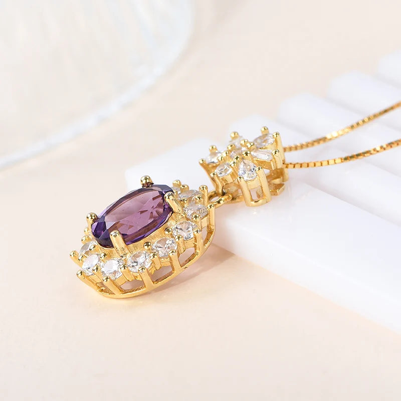 Gioiellieri 925 Sterling Silver 18K Gold Plated Pendant with Natural Amethyst Cut Gemstone Original Style Women's Everyday Wear