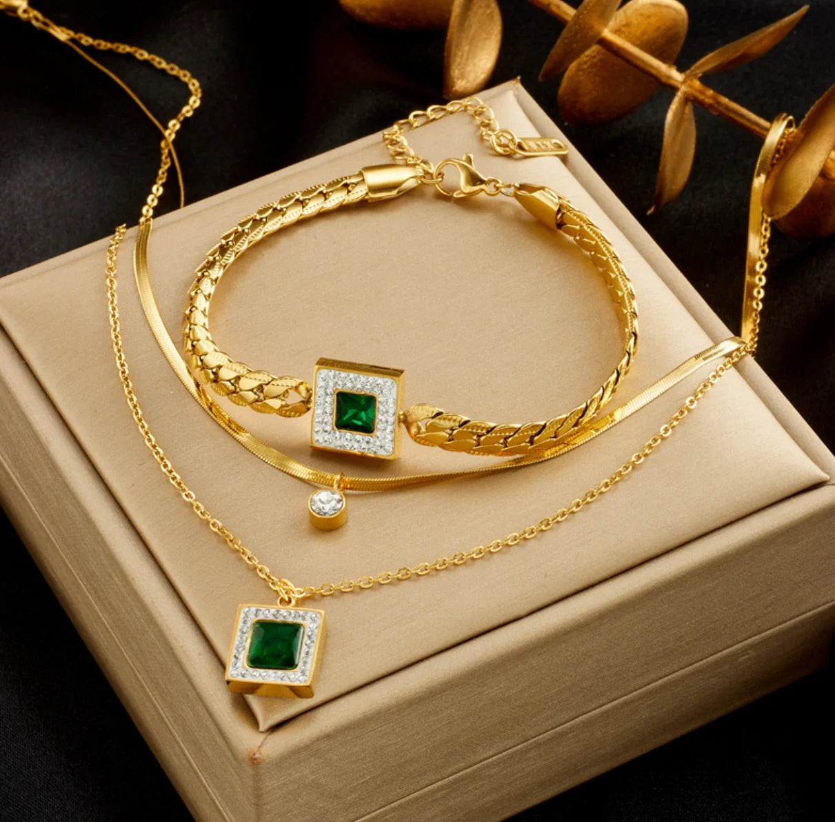 Gold Two-Layer Chain & Green Crystal Necklace & Bracelet Jewellery Set | Layered Luxury Set