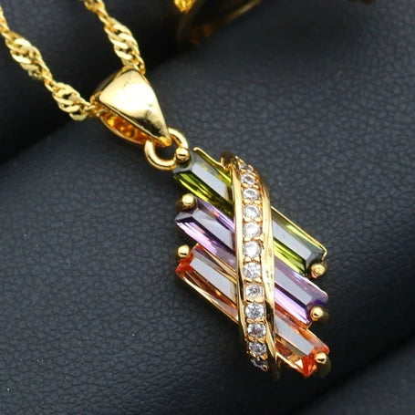 XOTICA Multicolor Zirconia Gold Women's Custom Wedding Jewelry Set Includes Earrings Pendant Ring Gold Necklace for Parties