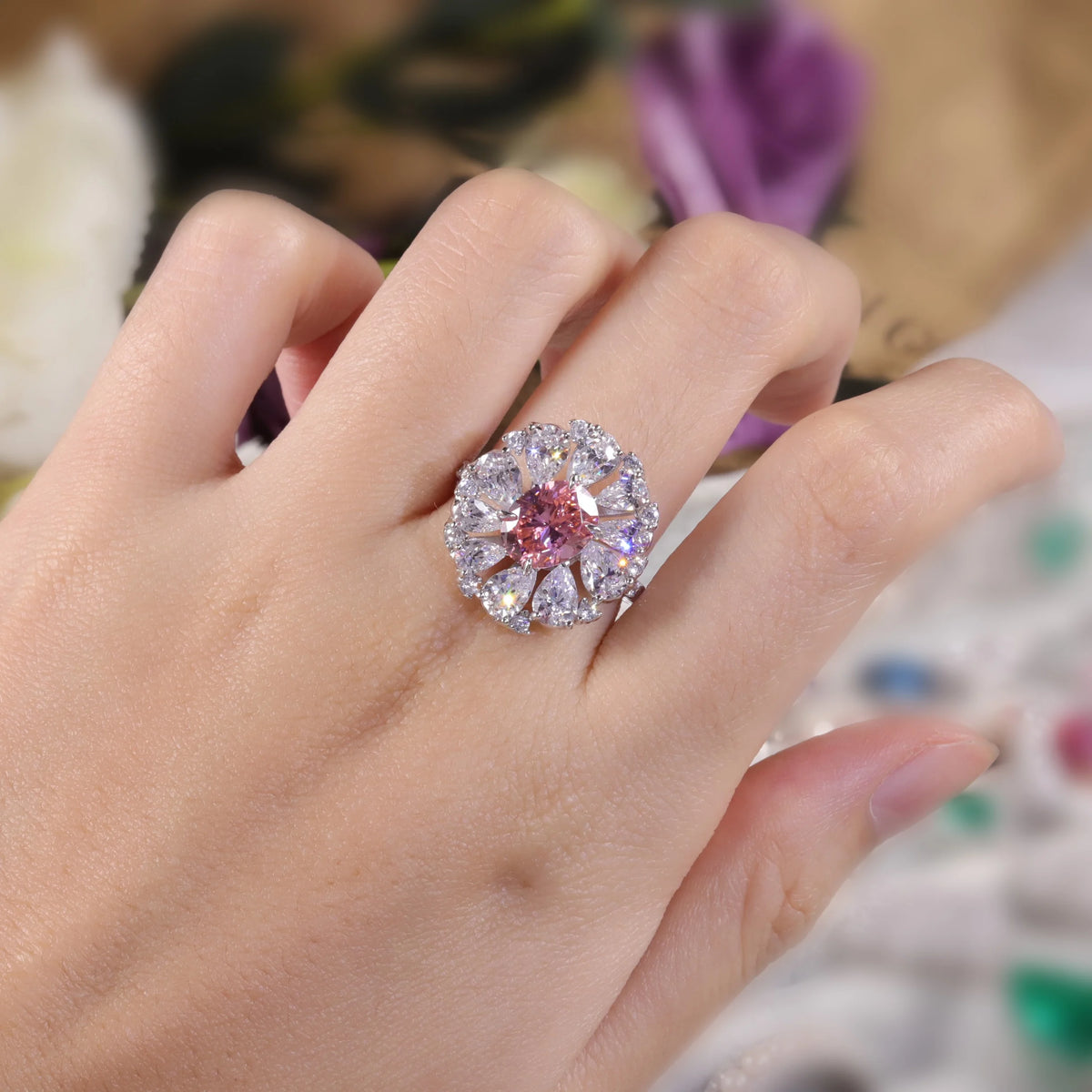 ArtistA AR338 Abiding Sumptuous Cluster Diamond-fire Padparadscha CZ 925 Silver Iced Out Pink Cz Halo Flower Pendant Charms Ring Set