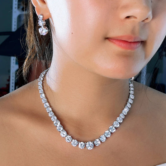 Super Glittering Round Cubic Zirconia Tennis Necklace and Earrings Jewelry Set for Women Wedding Bridal Party Engagement Banquet