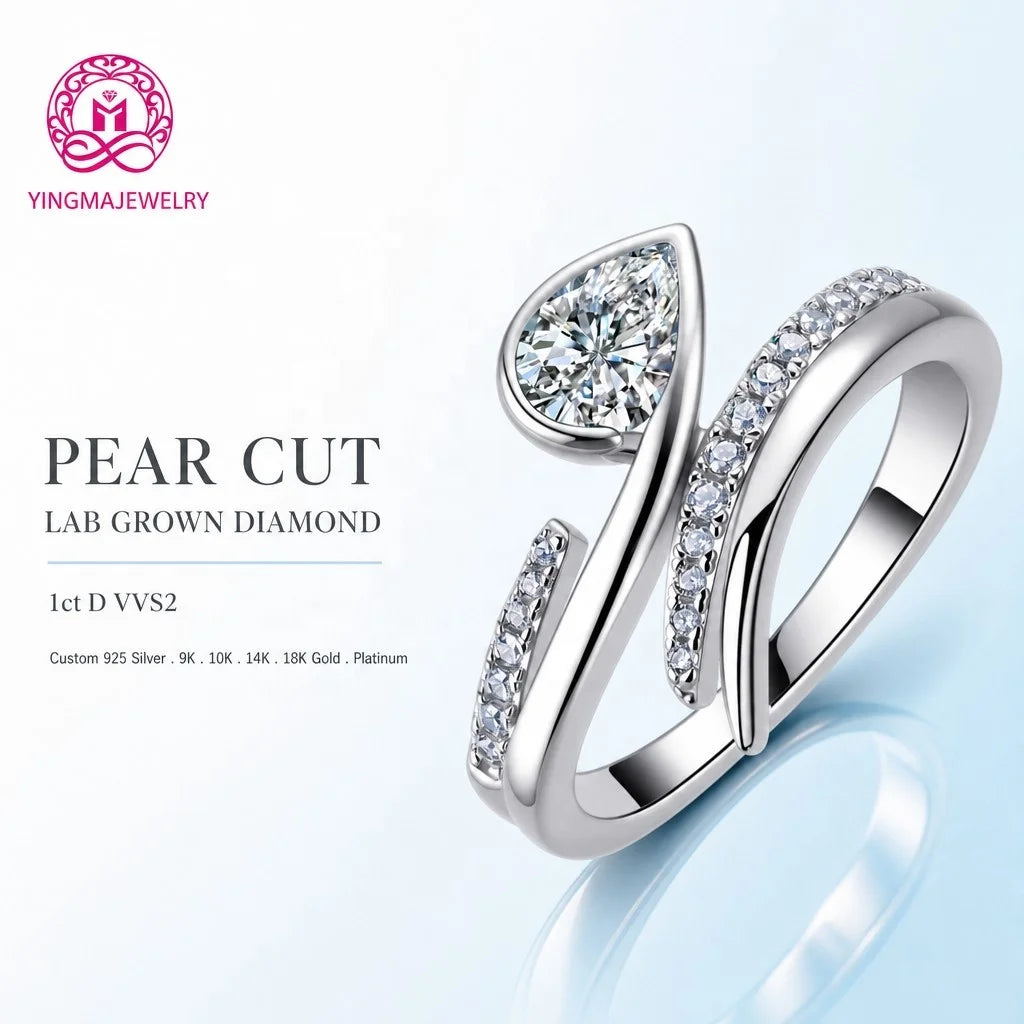 Gemfiori 1CT D VVS2 High Clarity Pear Cut Lab Grown Diamond Ring 9K 10K 14K 18K White Gold/Yellow Gold/Rose Gold Women Fashion Ring