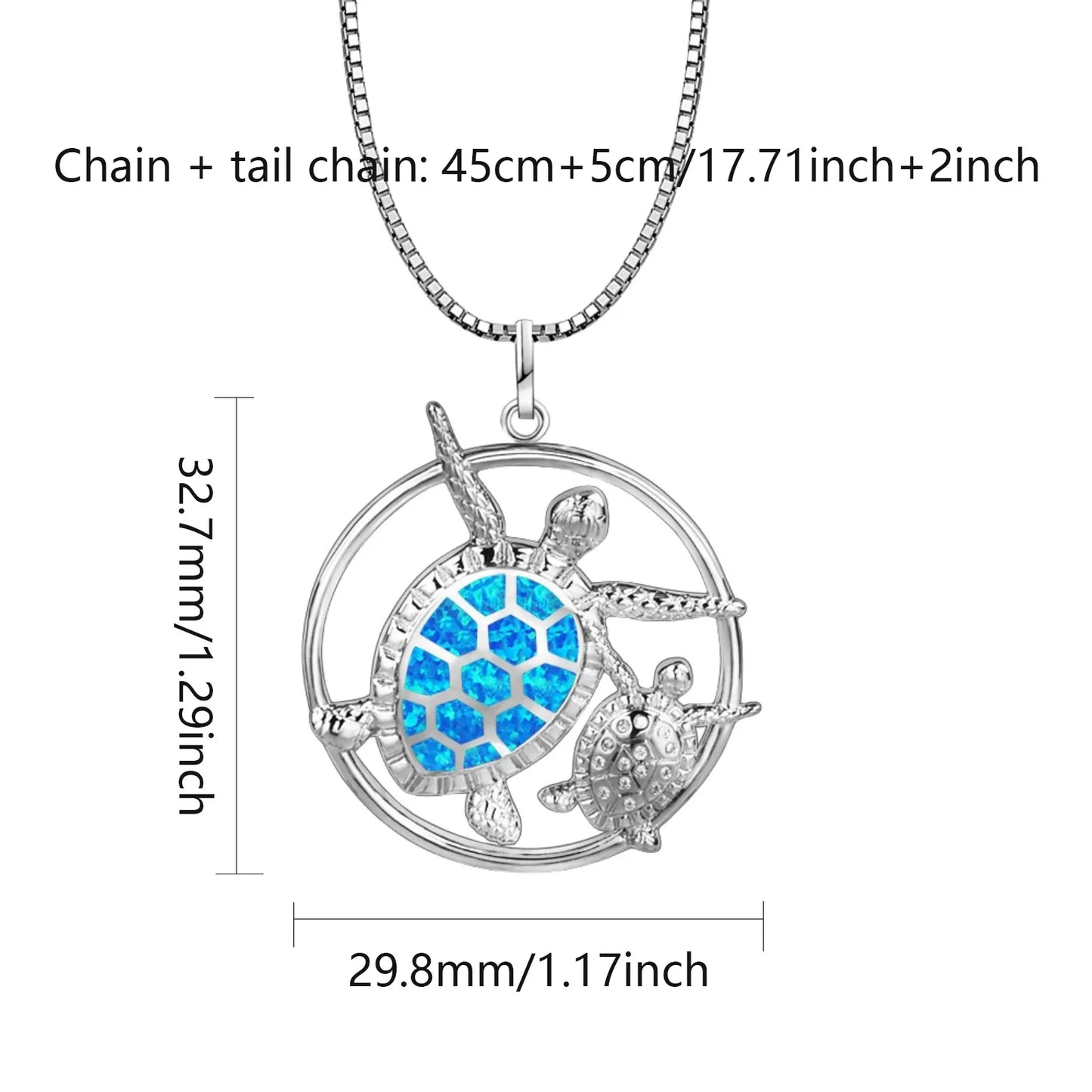 Minimalist Silver Turtle Pendant with Blue Opal | Delicate Copper Box Chain Lariat Necklace-Ladies Gift