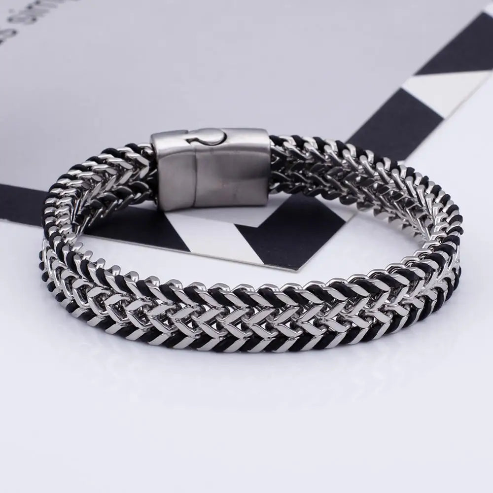KALEN Stainless Steel Fashion Double Layer 11mm Width Mesh Link Chain Wrist Bracelets for Men