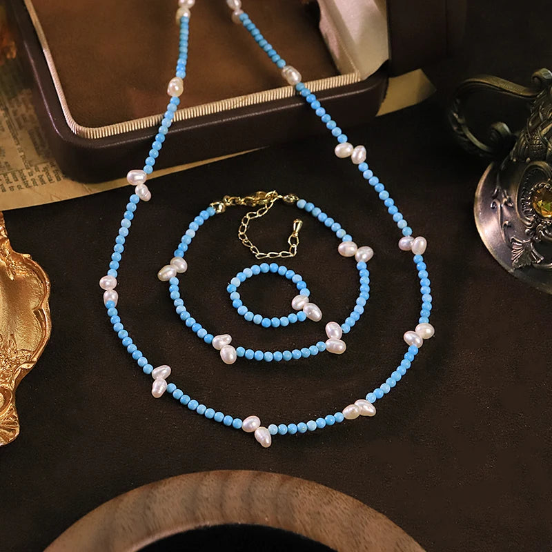 GLSEEVO Natural Freshwater Pearl & Turquoise Bead 3-Piece Jewellery Set — Necklace, Bracelet & Ring