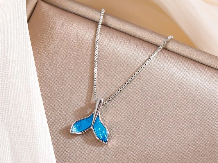 Stylish and Elegant Animal-shaped Mermaid-style Blue Resin Fishtail Pendant Necklace with Box Chain Copper Wholesale