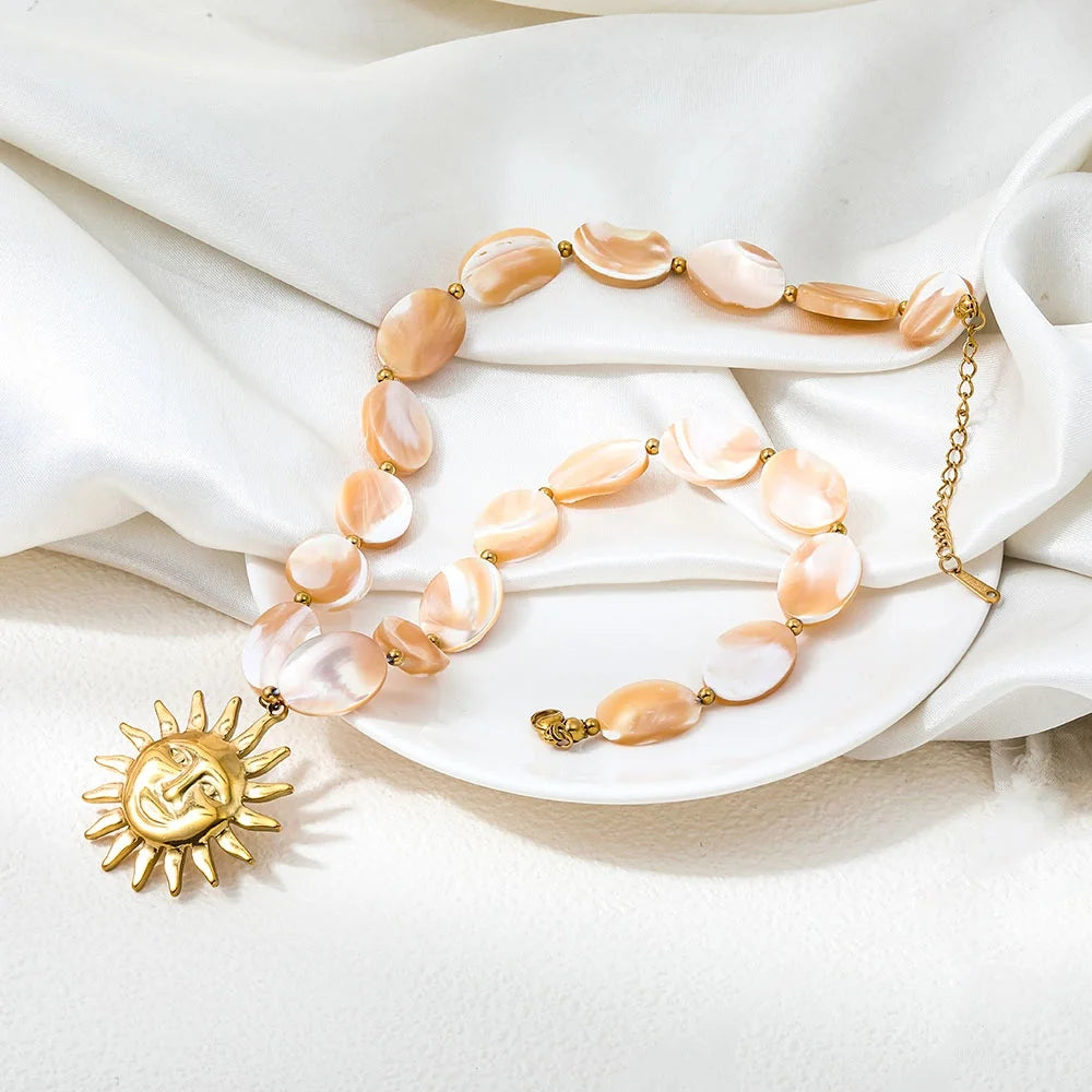 Joolim PVD Plated Wholesale Waterproof Fashion Boho Sun Face Pendant Natural Shell Bead Chain Necklace Stainless Steel Jewelry