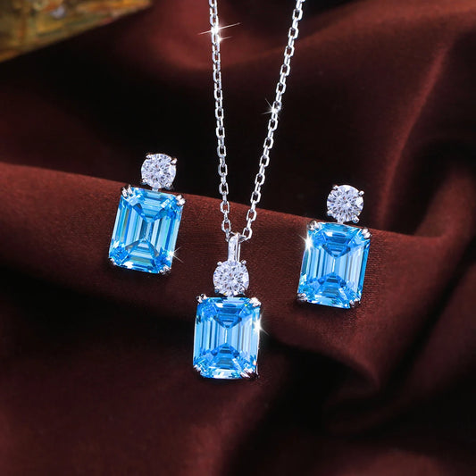 S&S 925 Sterling Silver Blue Baguette CZ Jewellery Set – Necklace & Earrings – Collection
