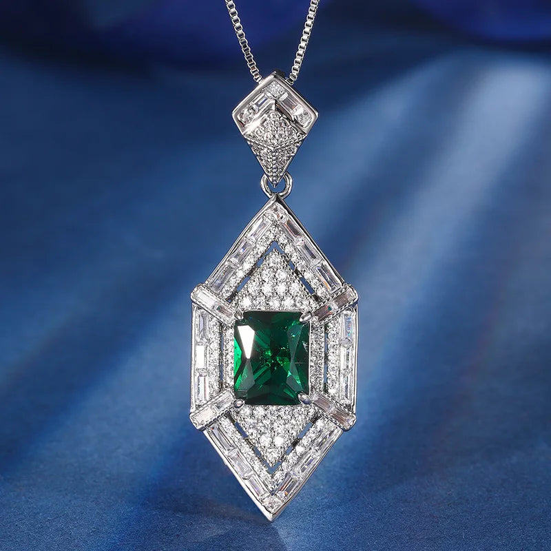 Gemfiori French Style Light Luxury Palace Emerald Zircon Pendant Ring Earrings Retro Niche Design Set