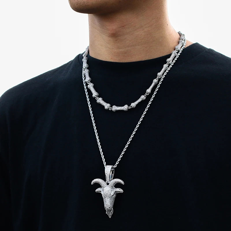 BiG-BOSS Hip Hop Full CZ Diamond Jewelry Gold Plated Brass Goat Head BlingBling Pendant Charms Rope Chain Necklace for Men Women