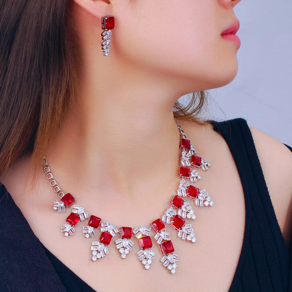 Luxury Exaggerated Women Necklace and Earring Cubic Zircon Elegant Royal Red CZ Jewelry Set for Lady Evening Party