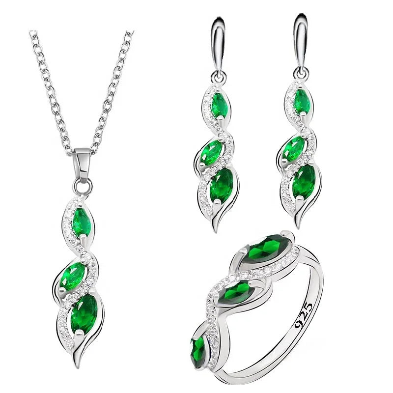 XOTICA Green Emerald White Gold Plated Jewelry Set for Women Bracelet Earrings Ring Necklace Pendant for Wedding and Party