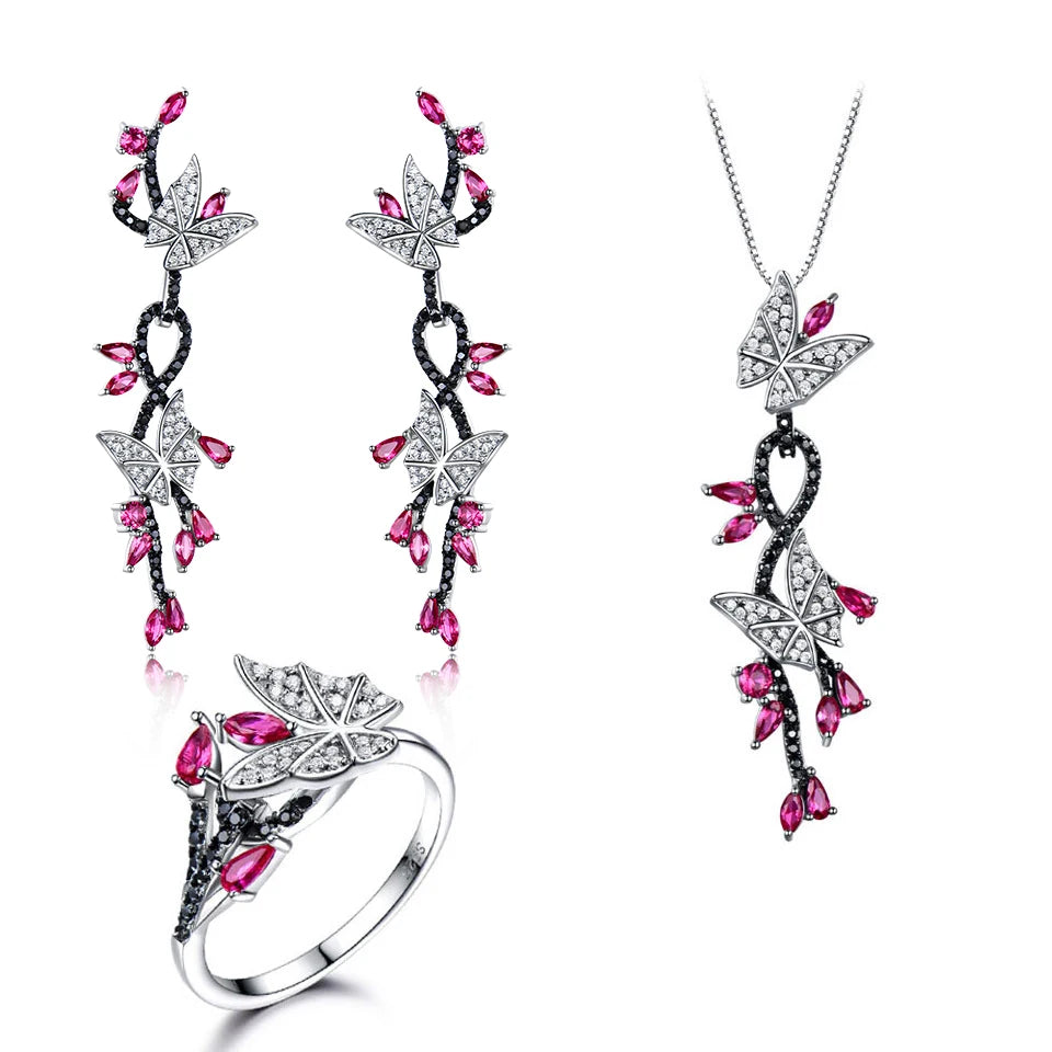 925 Sterling Silver Butterfly Jewelry Set Romantic Ruby Black Spinel Gemstone Rings Pendant Drop Earrings for Women Gift