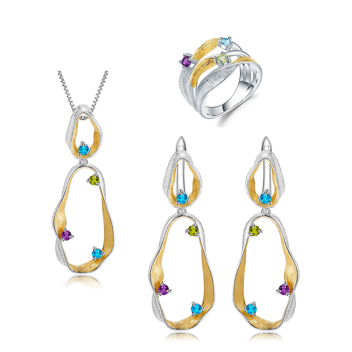 ArtistA Hot Sale S925 Real Silver Natural Peridot Amethyst Topaz Mixed Gemstone Necklace Pendant Earring Ring Jewelry Sets for Women